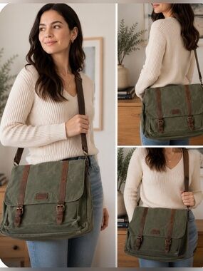 Greenish Messenger Bag with brown leather straps